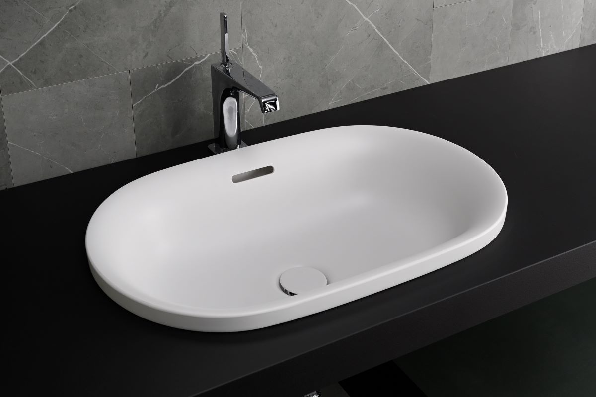 BMC Artificial Marble half vessel bowl, HV4062 with Ultra Surface counter, side view