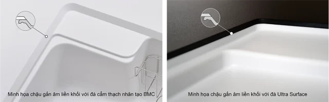 Chậu rửa chén đá nhân tạo làm bằng vật liệu Crystal Surface, mã HS780 và phương pháp gắn âm liền khối không mối nối vào mặt đá bếp của Yoshimoto