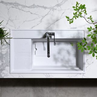 Chậu đá HS950 màu trắng kết hợp cùng mặt đá ceramic sang trọng