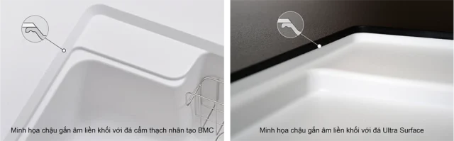 Minh họa chậu Crystal Surface khi gắn âm với mặt đá bếp Yoshimoto