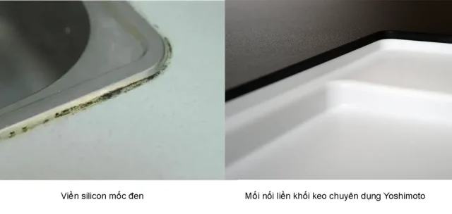So sánh viền silicon mốc đen sau 18 tháng sử dụng với mối nối keo chuyên dụng đồng màu Yoshimoto