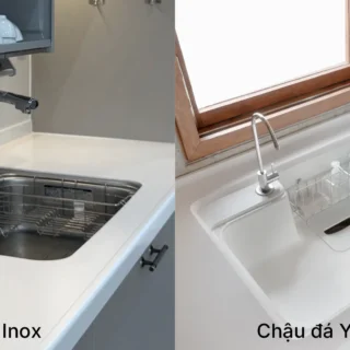 So sánh chậu rửa chén đá CRYSTAL SURFACE và chậu inox 304 cùng lắp âm trên mặt bàn đá bếp Yoshimoto