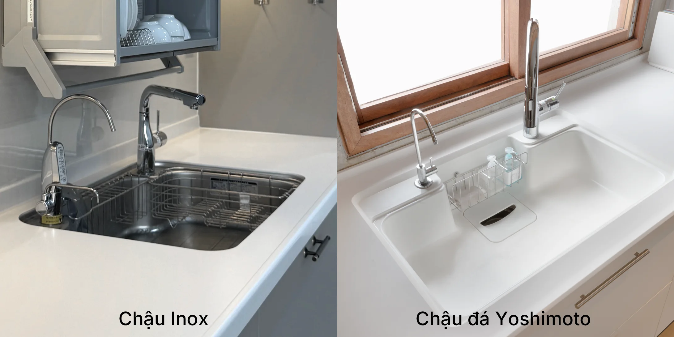 So sánh chậu rửa chén đá CRYSTAL SURFACE và chậu inox 304 cùng lắp âm trên mặt bàn đá bếp Yoshimoto