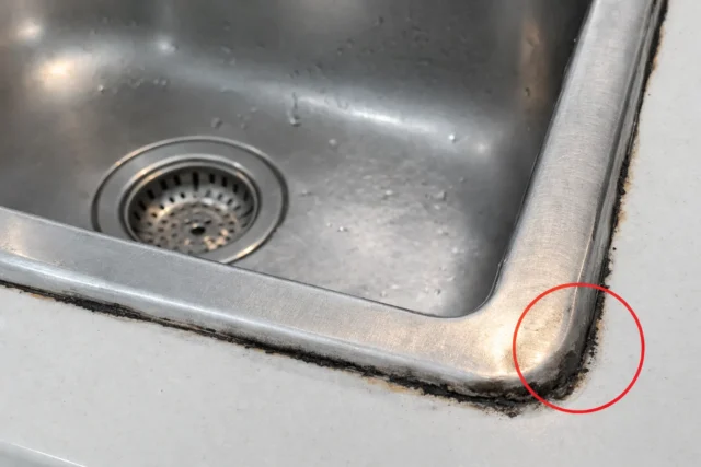 Viền silicon quanh chậu rửa chén lăp dương bị bám bẩm, mốc đen sau thời gian sử dụng