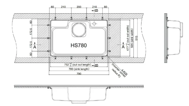 Kích thước cắt mặt đá và hướng dẫn lắp âm chậu rửa chén HS780 của Yoshimoto Global