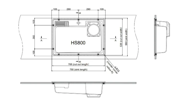 Kích thước cắt mặt đá và hướng dẫn lắp dương chậu rửa chén HS800 của Yoshimoto Global