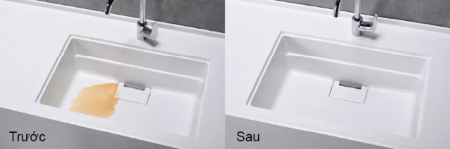 So sánh bề mặt chậu rửa chén đá trước và sau khi xử lý vết ố vàng
