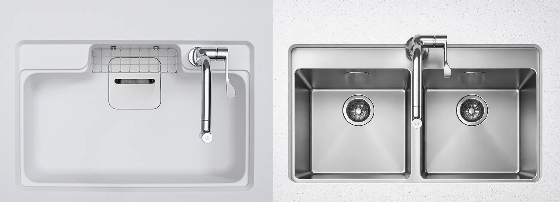 Chậu rửa chén 1 hố và 2 hố trên mặt bàn bếp đá, nhìn từ trên xuống