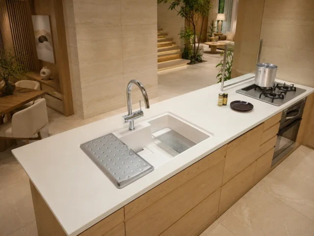 Bếp đảo bằng vật liệu Ultra Surface của Yoshimoto cho nhà biệt thự