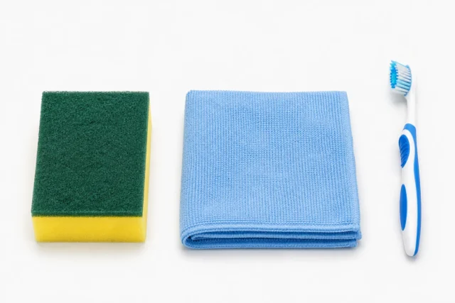 Miếng rửa chén, khăn microfiber và bàn chải đánh rẳng cũ