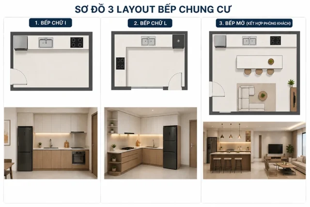 3 layout bếp chung cư phổ biến: chữ I, chữ L, bếp mở liền phòng khách