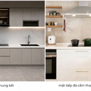 Mặt bếp đá nung kết (ảnh trái) và mặt bếp đá cẩm thạch nhân tạo BMC (ảnh phải)