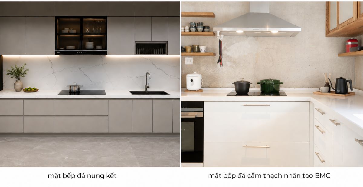Mặt bếp đá nung kết (ảnh trái) và mặt bếp đá cẩm thạch nhân tạo BMC (ảnh phải)